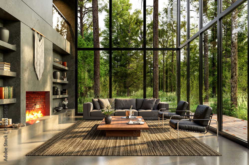 Obraz premium Modern loft style living room with large windows overlooking a green forest view 3d render