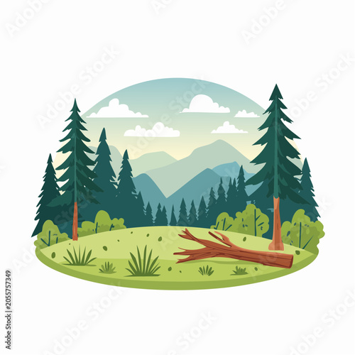 Stylized Forest Landscape with Fallen Tree and Mountains