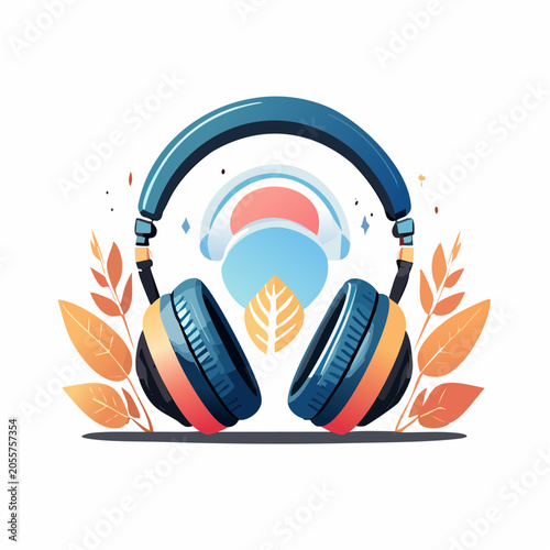 Stylized Headphones with Abstract Elements and Leaves