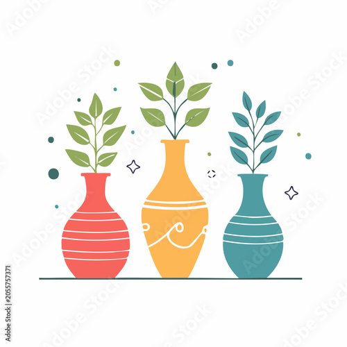 Three decorative vases with plants
