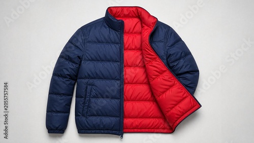 A reversible jacket lying on a plain surface, one side blue and the other red.