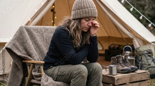 Tired woman camping outdoors rubbing eyes feeling exhausted after hiking trip in nature