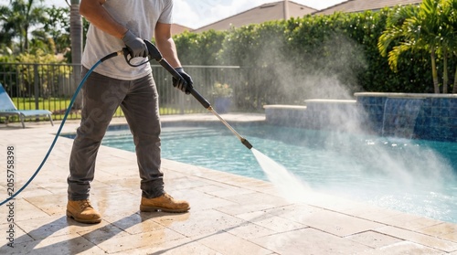 Professional man pressure washing a travertine pool deck for residential maintenance and exterior cleaning service
