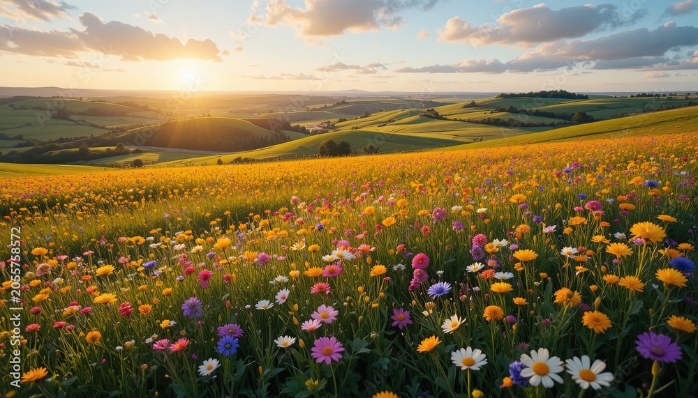 Obraz premium Sunrise Over Wildflower Meadow in Rolling Countryside with Golden Light
