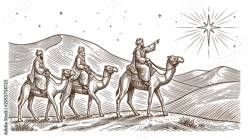 Three wise men traveling on camels following a bright north star in this vector illustration
