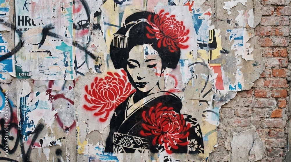 Obraz premium Street art graffiti of a traditional Japanese geisha with cherry blossoms on brick wall