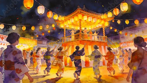 日本の伝統的な夏祭りと盆踊りの水彩画風イラスト