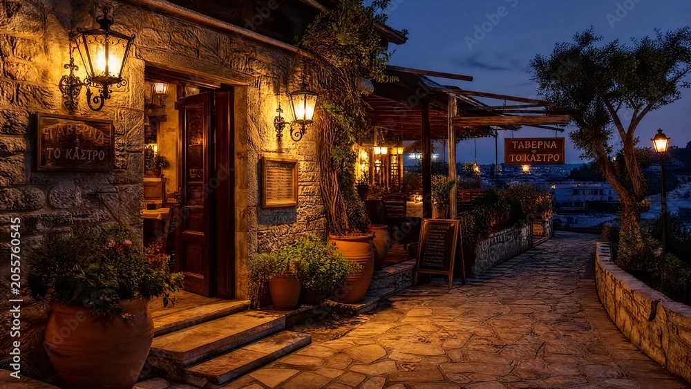 Fototapeta premium Warm twilight at a taverna entrance with golden light on a stone path.