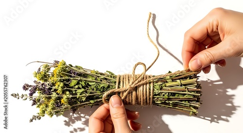 Hands tying a bundle of dried medicinal herbs and wildflowers with rustic twine isolated on white background