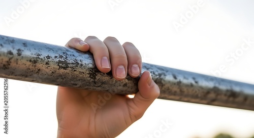 Closeup of a persons hand gripping a metal pullup bar outdoors