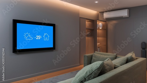 Television Displaying Weather Information In A Modern Living Room Interior
