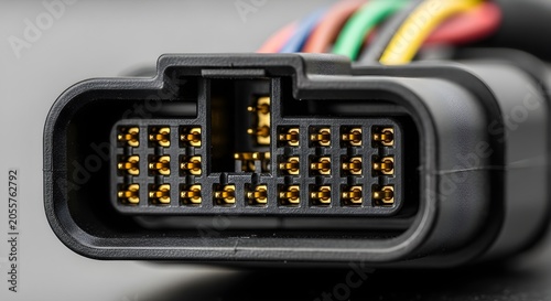 Close-up of a black electrical connector with gold pins and colorful wires