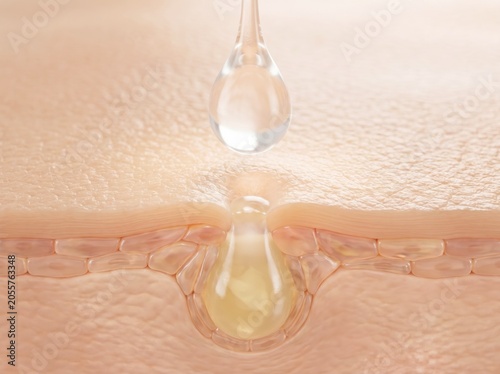 A 3D close-up showing a liquid droplet entering a skin pore, visualizing skin hydration or serum.