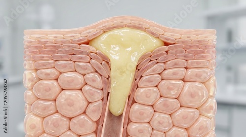 A cross-section illustration showing a blocked hair follicle with sebum buildup within the skin.
