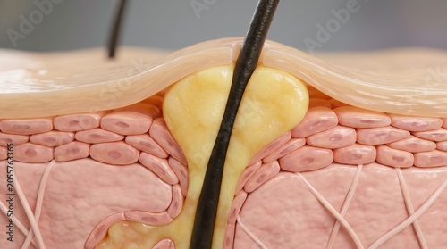 A cross-section illustration showing human skin layers, a hair follicle, and an oil gland structure.