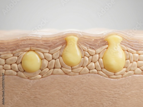 A close-up 3D rendering showing cross-section layers of human skin with yellow oil-filled follicles.