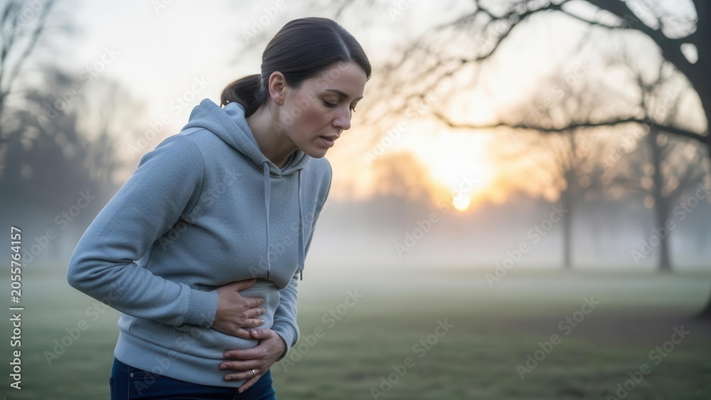 Naklejka premium A woman in a grey hoodie clutches her stomach in pain or discomfort while standing in a misty park at sunrise, looking unwell.
