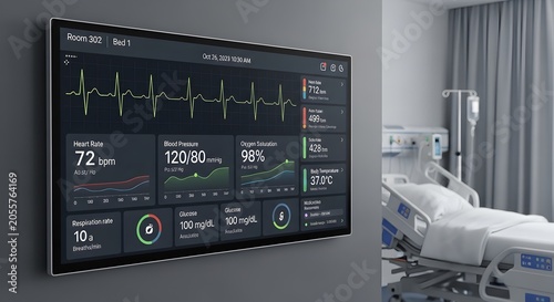 Medical monitoring screen displaying vital signs in hospital intensive care room