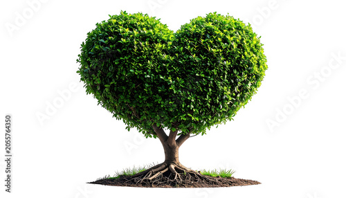 Beautiful heart-shaped topiary tree with green leaves and roots isolated on white background symbolizing love and environmental growth