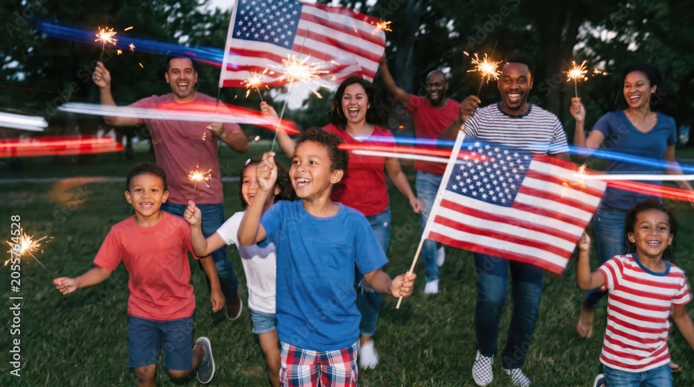 Fototapeta premium Diverse Multi-Generational Family Celebrating Outdoors with Sparklers and Flags at Night