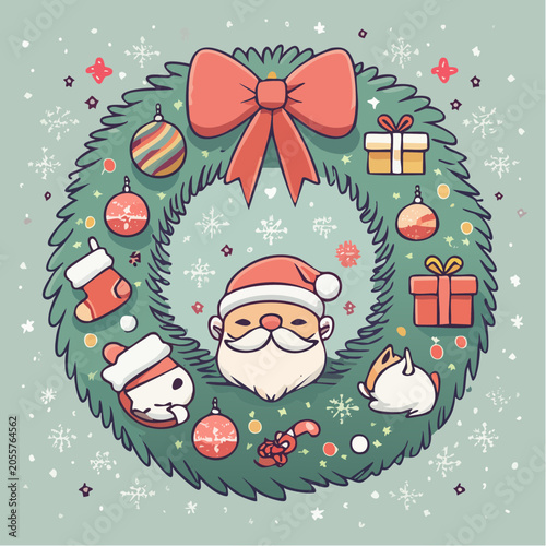 Cute Christmas Wreath with Santa and Festive Decorations