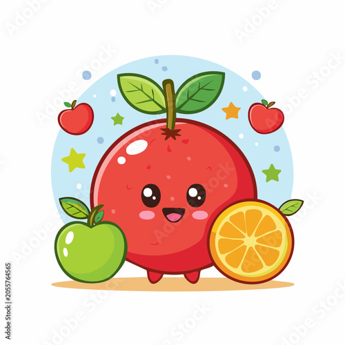 Cute Kawaii Orange and Apple Characters with Stars
