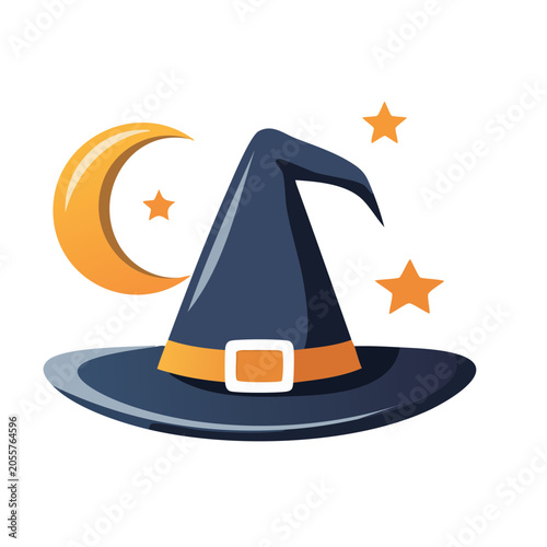 Flat Wizard Hat Illustration with Moon and Stars