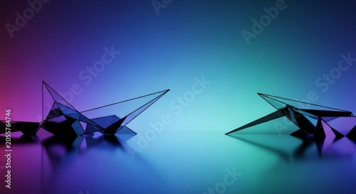 A fusion of sharp geometric elements and soft luminous gradients, mimicking the tranquil reflection of moonlight on a digital lake, art, geometric, mystical