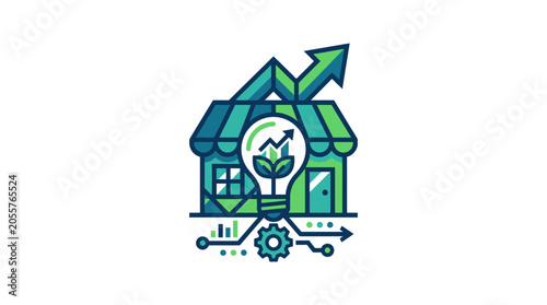 Business Growth Idea: Storefront with Lightbulb, Chart, and Upward Arrow