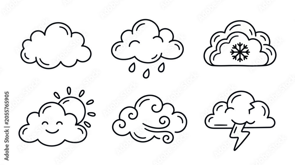 Fototapeta premium Cute Weather Icons: Sun, Rain, Snow, Wind, Storm, Clouds - Line Art