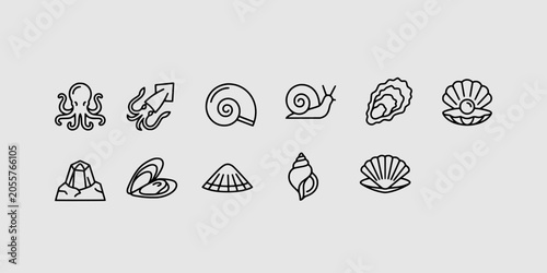 Canvas Print Icon set collection of mollusks, seashells, and aquatic creatures, ideal for ocean-themed designs, seafood concepts, and professional marine life illustrations