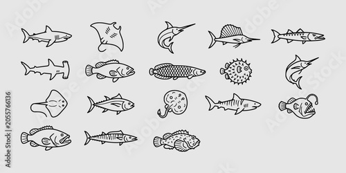 Photos Icon set collection of predatory and exotic fish, including sharks, rays, and deep-sea creatures for professional marine life projects