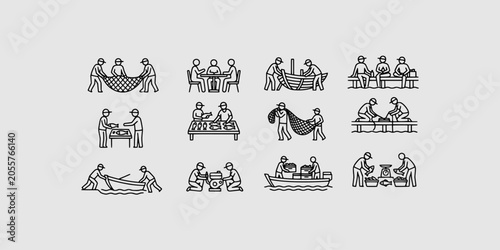 Obraz na płótnie Icon set collection of fishermen working with nets, boats, and sorting catch, perfect for commercial fishing and industry visuals