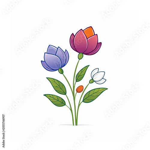 Purple iris flower with green leaves illustration