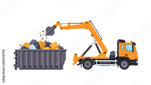 Garbage Truck with Crane Loading Large Waste Container