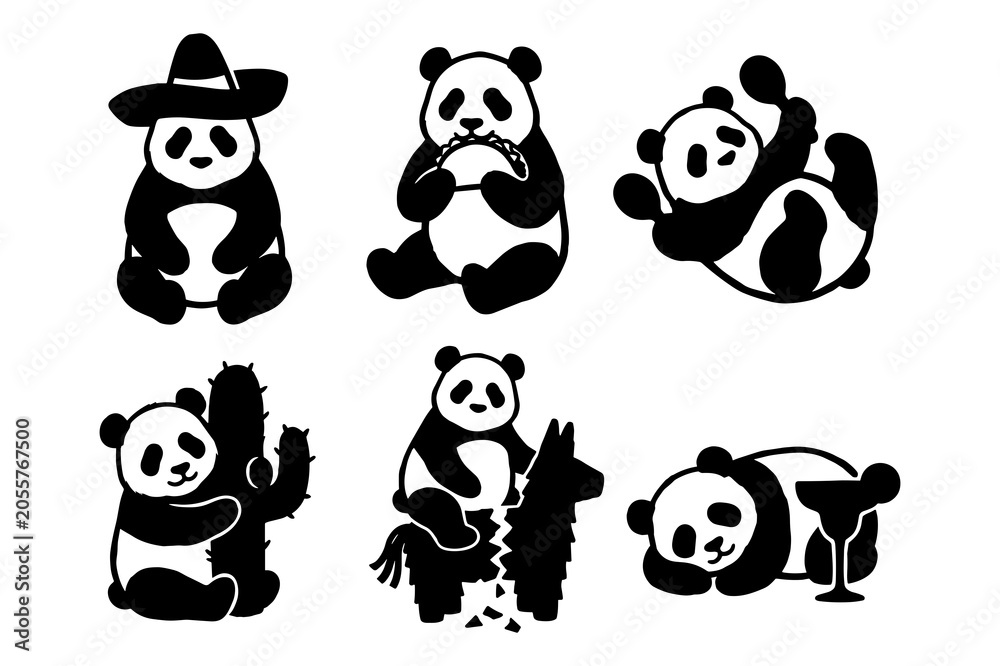 Obraz premium Mexican themed panda bear collection featuring six cute panda illustrations in black and white silhouette style.