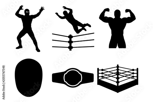 фотографія Lucha libre professional wrestling silhouettes featuring masks rings and champion belt