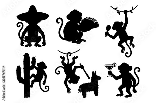Photography Set of monkey silhouettes featuring funny Mexican fiesta themed poses and accessories