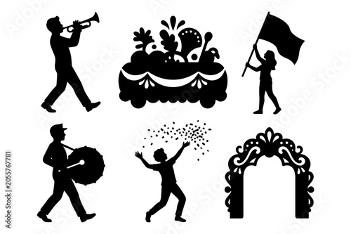 Fiesta celebration black silhouette collection with mariachi band and traditional elements.