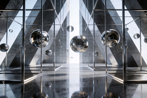 Metallic Spheres in Glass Architectural Space