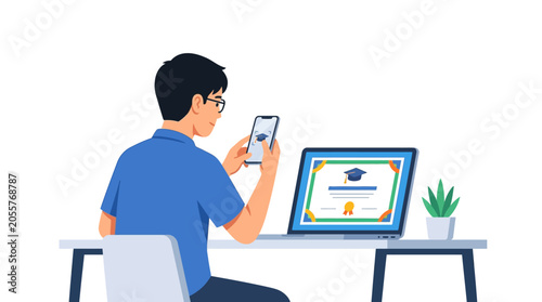 Online Education Graduate with Digital Certificate on Laptop and Smartphone Illustration