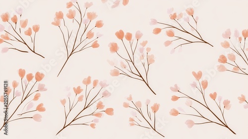 Delicate floral branch pattern with peach flowers in a minimalist wallpaper design featuring soft watercolor style and vintage elements