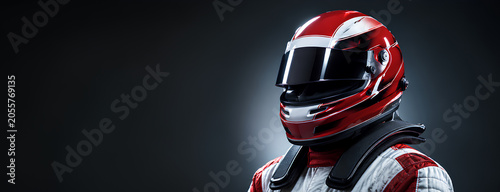 Professional Racing Driver in Race car Style Suit and Helmet, Motorsport Safety Gear with HANS Device 8K