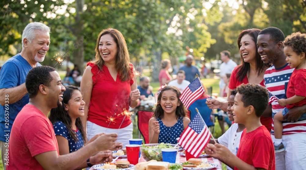 Fototapeta premium Multi-generational family celebrating outdoor picnic with American flags and sparklers in summer park