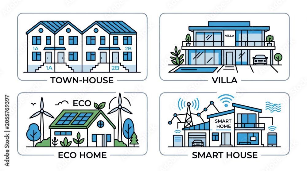 Fototapeta premium Modern Housing Options: Townhouse, Villa, Eco Home, Smart House