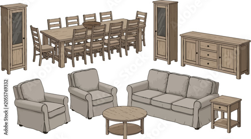 Set of wooden dining room and living room furniture including tables chairs sofas and cabinets in flat vector illustration style