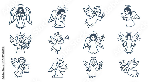 Fényképezés Cute Angel Icons: Praying, Playing Music, Holding Star, Candle, Scroll, Olive Br