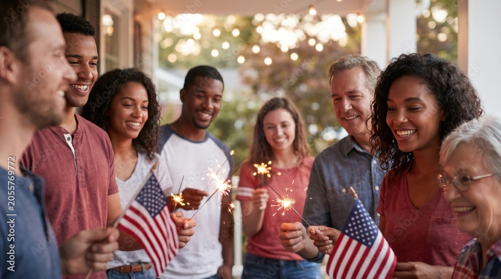 Obraz premium Multi-generational diverse family celebrating with sparklers and flags on a porch for summer holiday