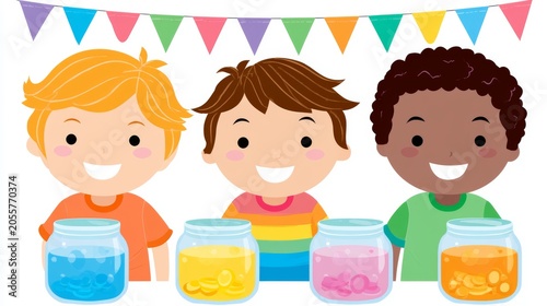 National financial literacy month banner shows children smiling with savings jars promoting financial skills
