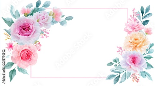Pastel floral decorative frame with roses and leaves for various uses and designs in a romantic vintage style